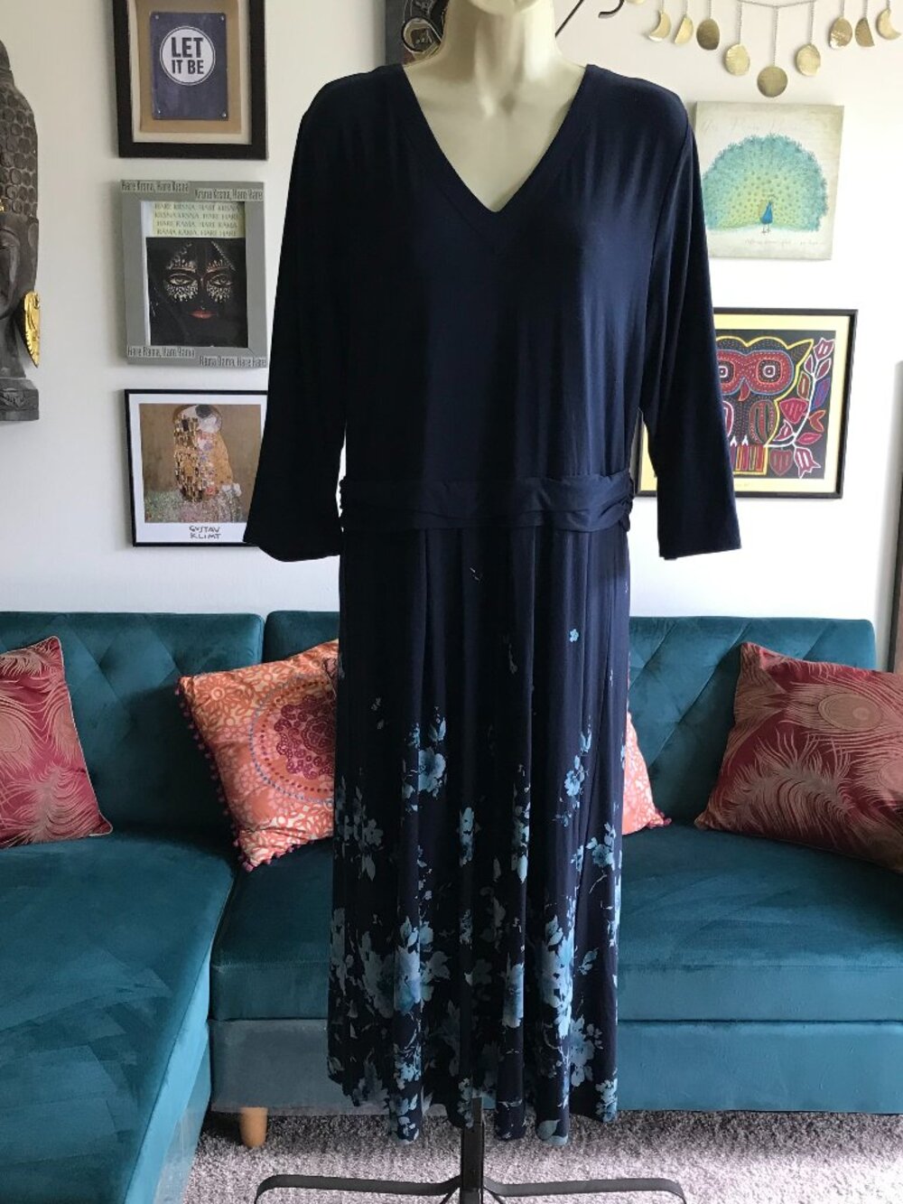 J JILL Wearever Collection size L Navy Blue Floral Border Jersey Midi Dress